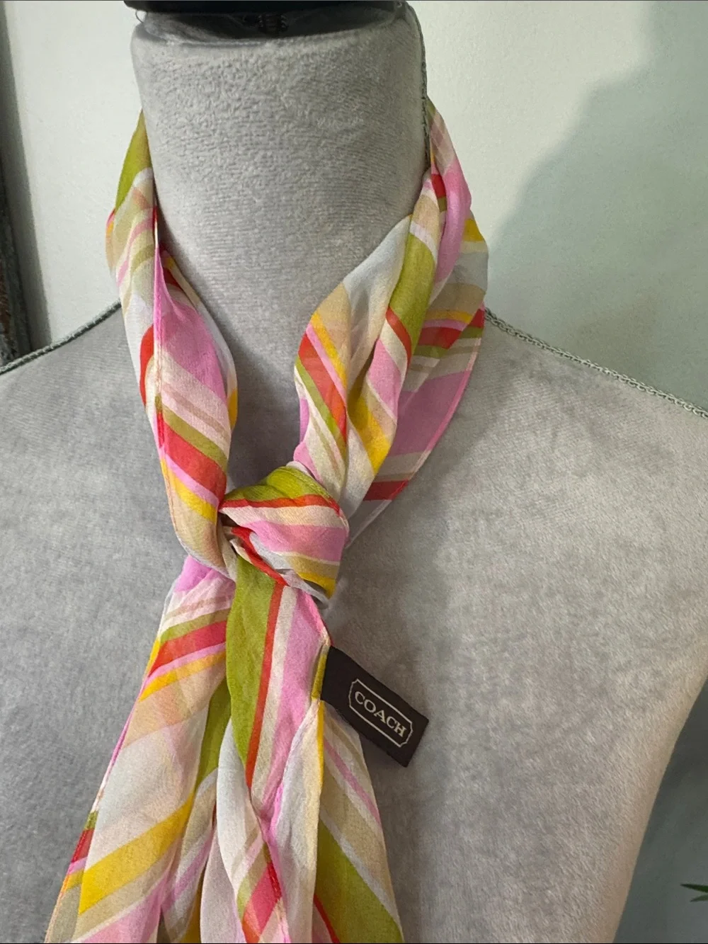 Coach Pink & Green Striped Silk Scarf EUC